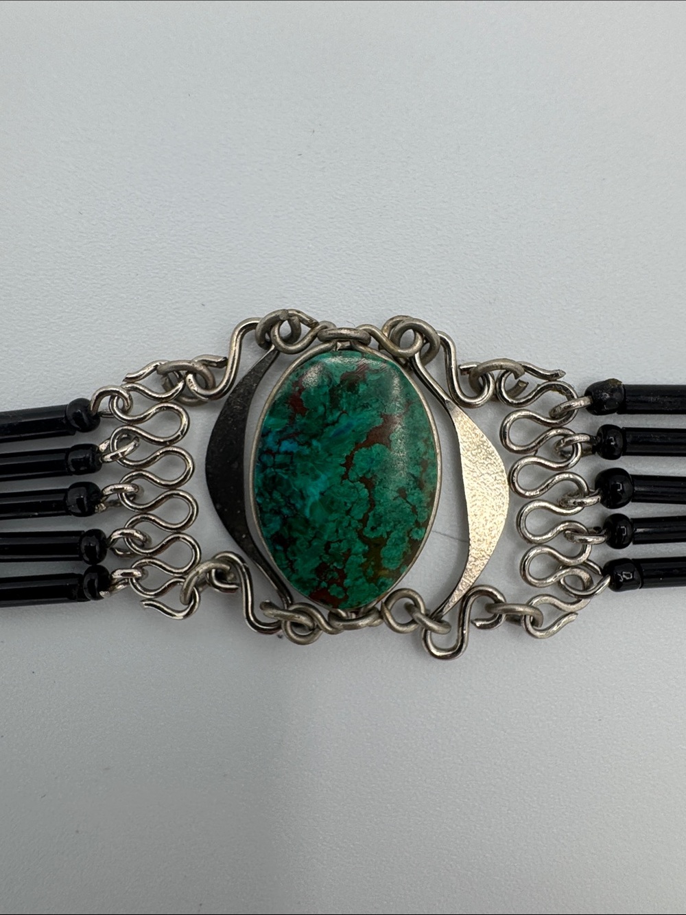 Silver Bracelet with Green Turquoise Cabochon and Black Beads